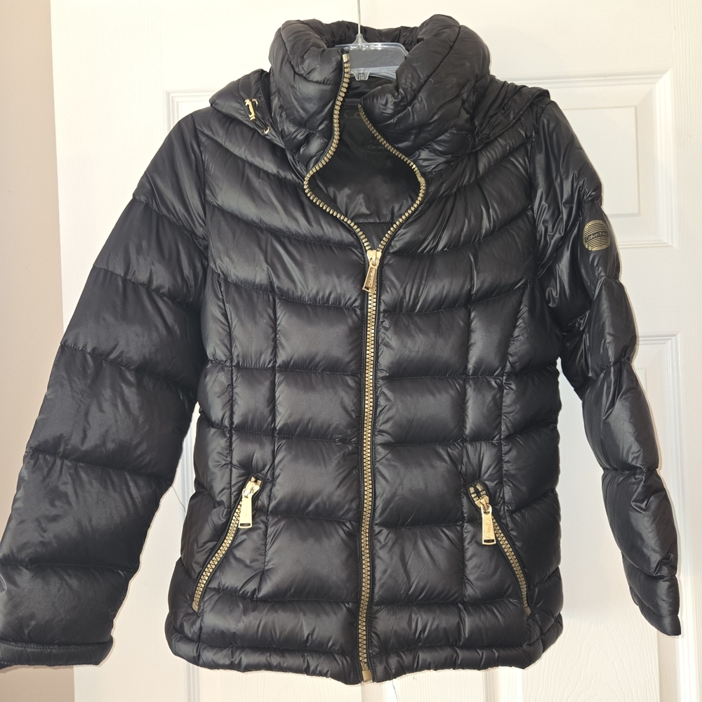 Kids Black Quilted Puffer Jacket with Gold Hardware